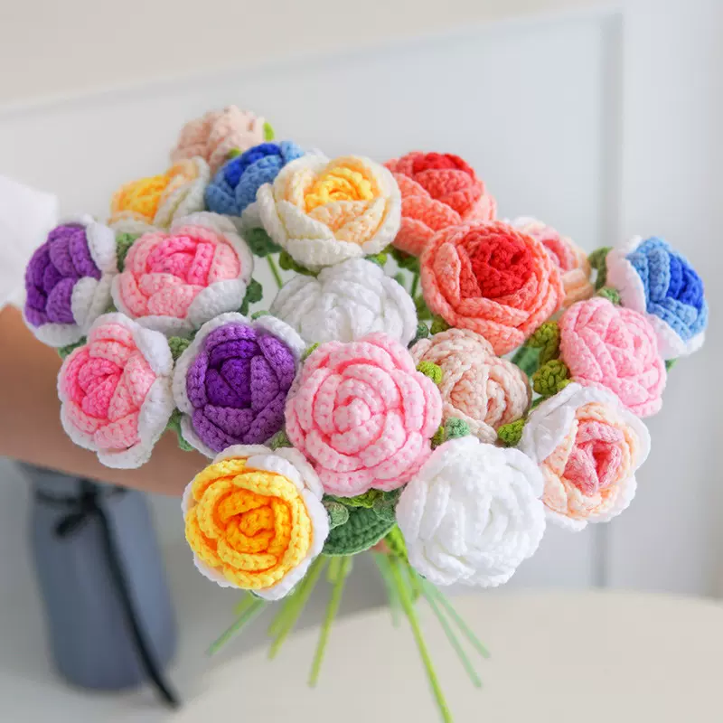 跨境手工编织成品小花束仿真花毛线针织花束假花编织节日仿真花