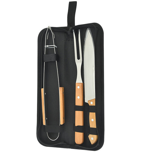 Outdoor BBQ tools BBQ grill set wilderness charcoal barbecue home-use meat tongs wooden handle kitchen knife shovel fork