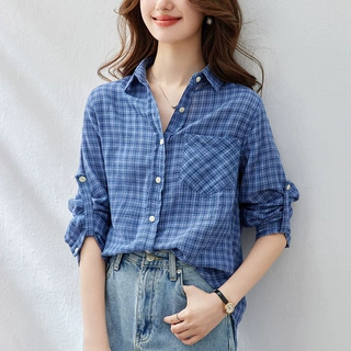 棉茧 蓝色格子衬衫女长袖2026秋装新款文艺格纹上衣气质复古衬衣