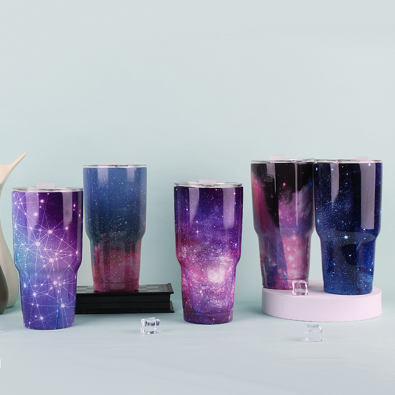 Impresión de transferencia de pintura transfronteriza Taza de coche de 30 onzas Taza de helado al vacío al aire libre cielo estrellado coche taza de cerveza de acero inoxidable logotipo impreso