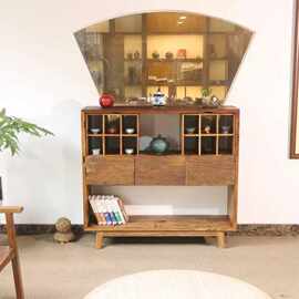 侘寂风实木博古架老榆木展示柜餐边柜中古茶具置物架茶杯多宝阁