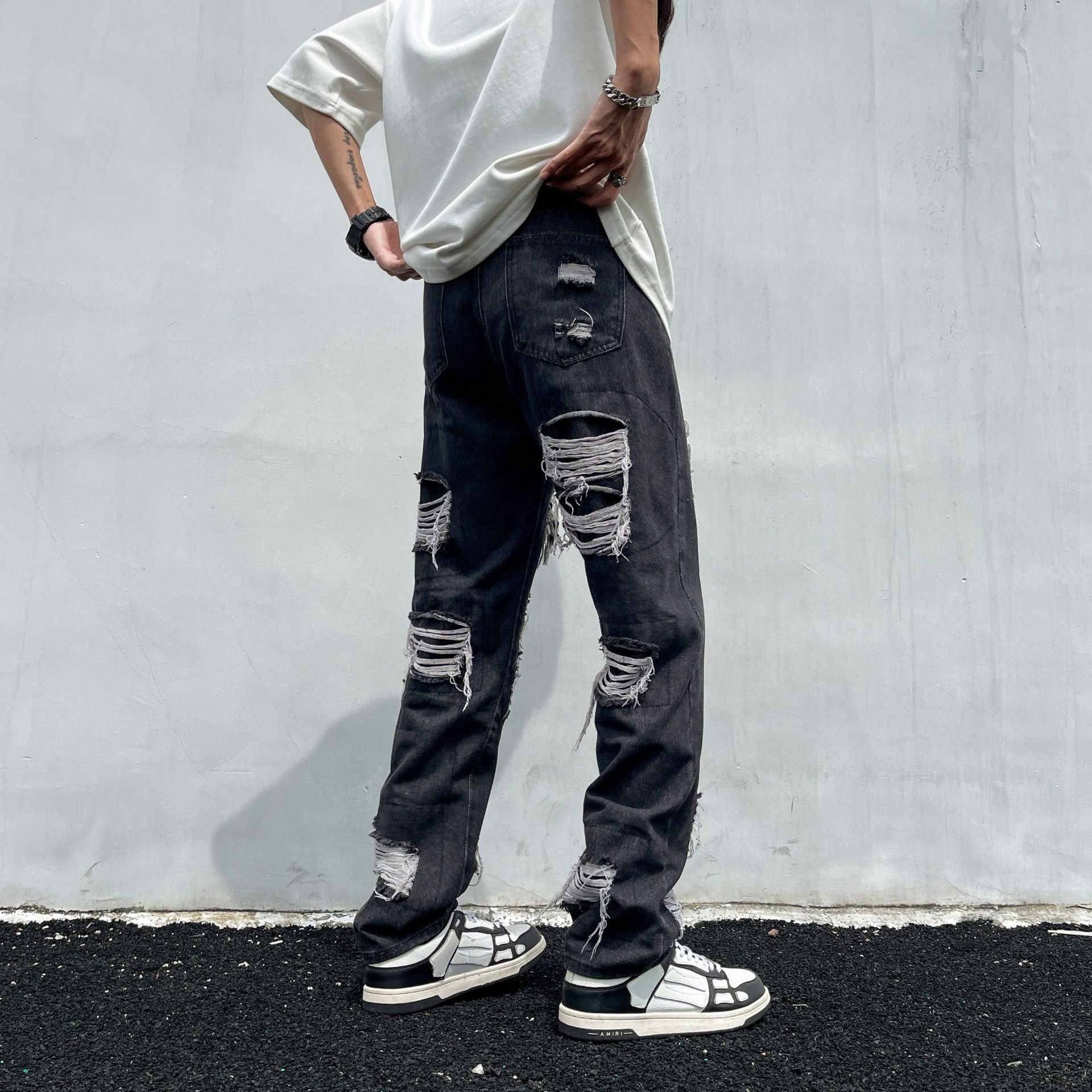 Tie-Dye Ripped Jeans For Men And Women American High Street Vintage Washed Slim Fit Flared Pants_mkmklike.com