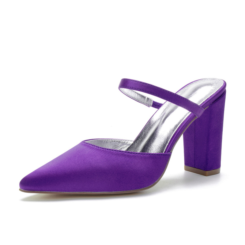 Fashion Purple High Heels Sexy Thick Heel Women's Single Shoes Shallow Mouth Women's Shoes with Satin