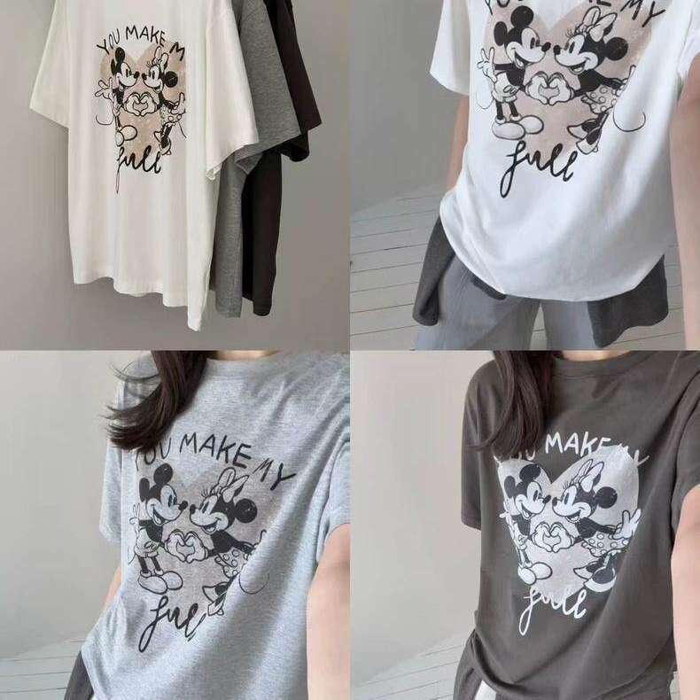 100% Pure Cotton Korean Dongdaemun 2026 Summer New Style Heart Mickey and Minnie Printed Short-Sleeved T-Shirt Women's Top 100% Pure Cotton Korean Dongdaemun 2026 Summer New Style Heart Mickey and Minnie Printed Short-Sleeved T-Shirt Women's Top