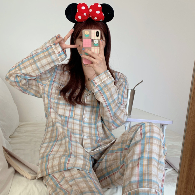 Estilo coreano pijamas de las mujeres a cuadros lindo primavera y otoño invierno cardigan solapa manga larga Comercio exterior vestir prendas exteriores homewear traje