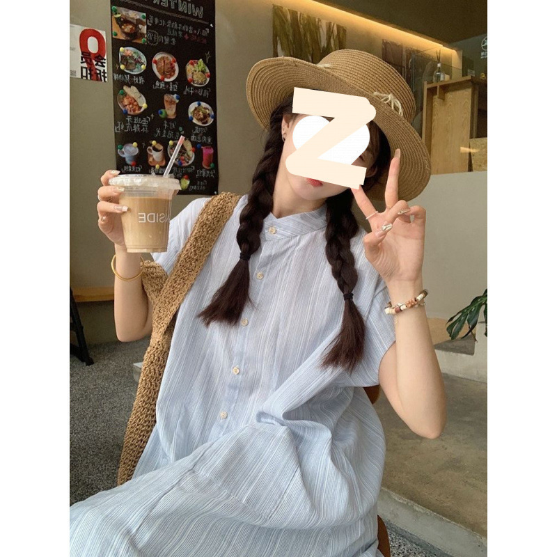 蓝色条纹短袖衬衫连衣裙女夏季2025新款韩系宽松中长款叠穿两件套|undefined