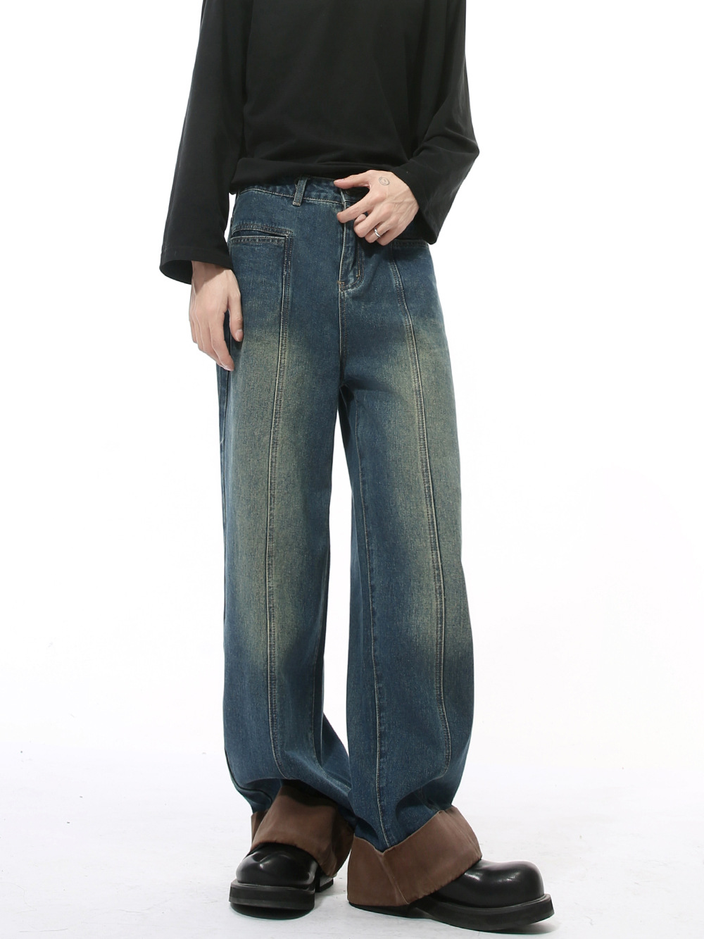 MTLCLOTHES Hombres| Nuevo invierno retro deconstrucción diseño de empalme sensación de tubo recto suelto vaqueros lavados con agua