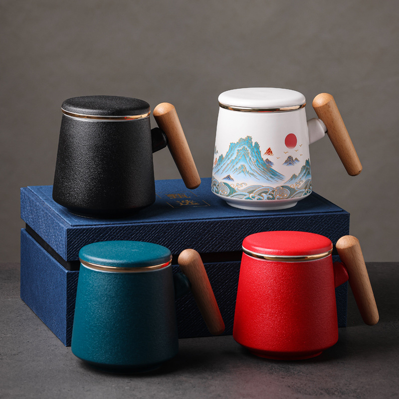 Wenchuang estilo cerámico chino de tres piezas taza de té taza de filtro taza de agua taza de marca regalo esculpido LOGO nombre