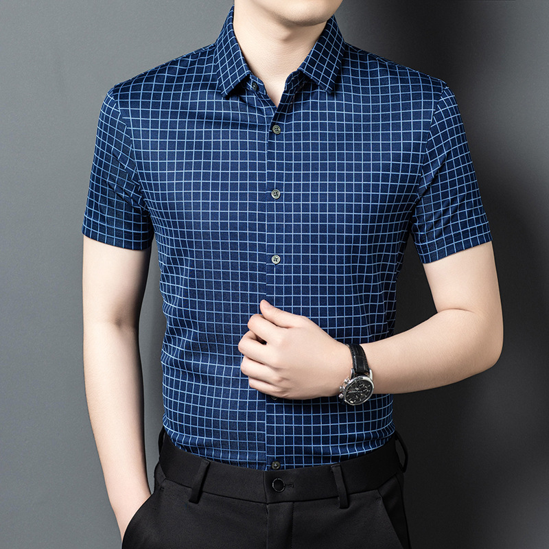 Áo sơ mi nam ngắn tay lụa tơ tằm kẻ sọc cao cấp — Caro xanh JS160160