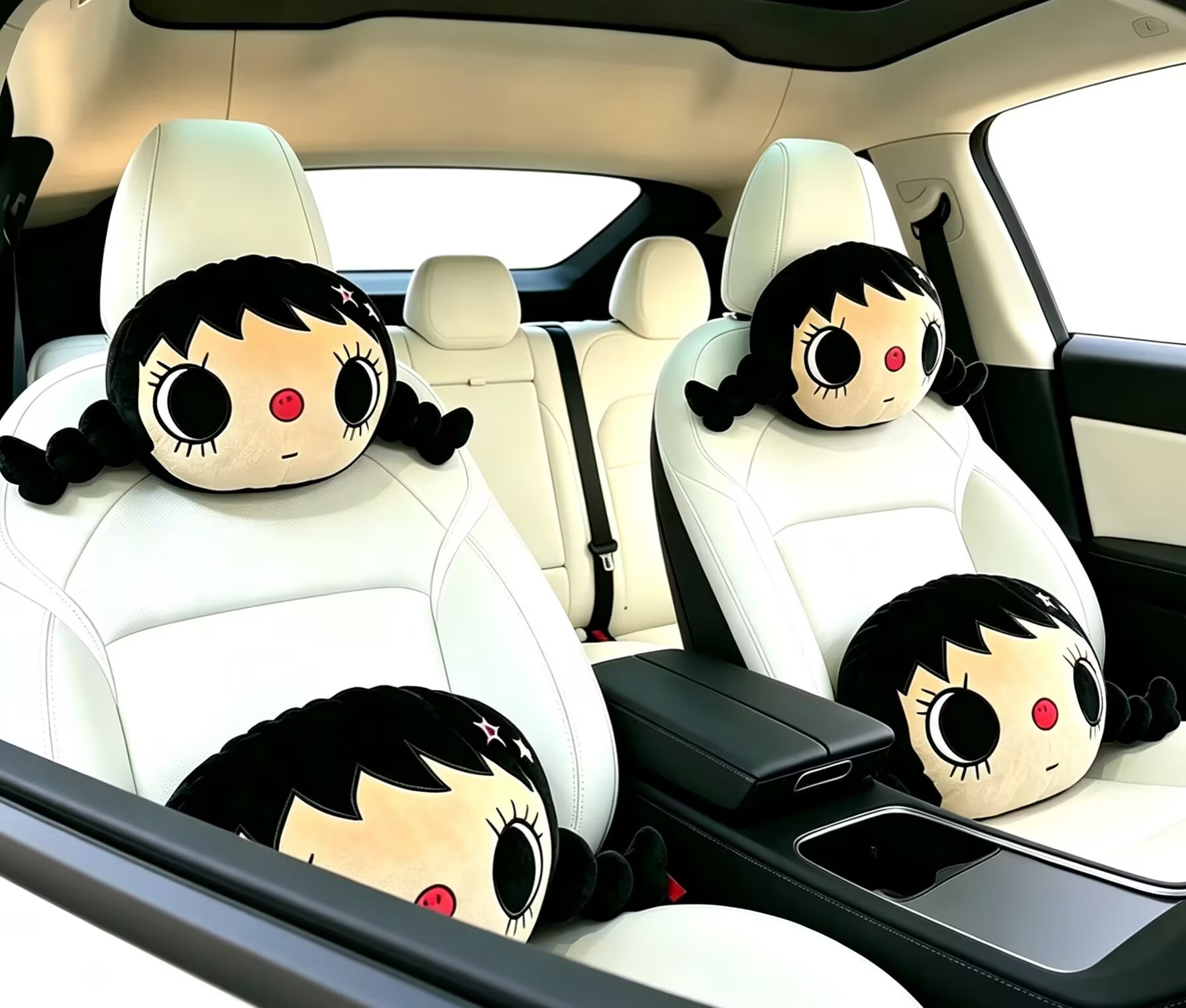 Trendy Big-Eyed Doll Car Headrest, Black Braided Girl Plush Neck Pillow, Internet Celebrity Style Throw Pillow