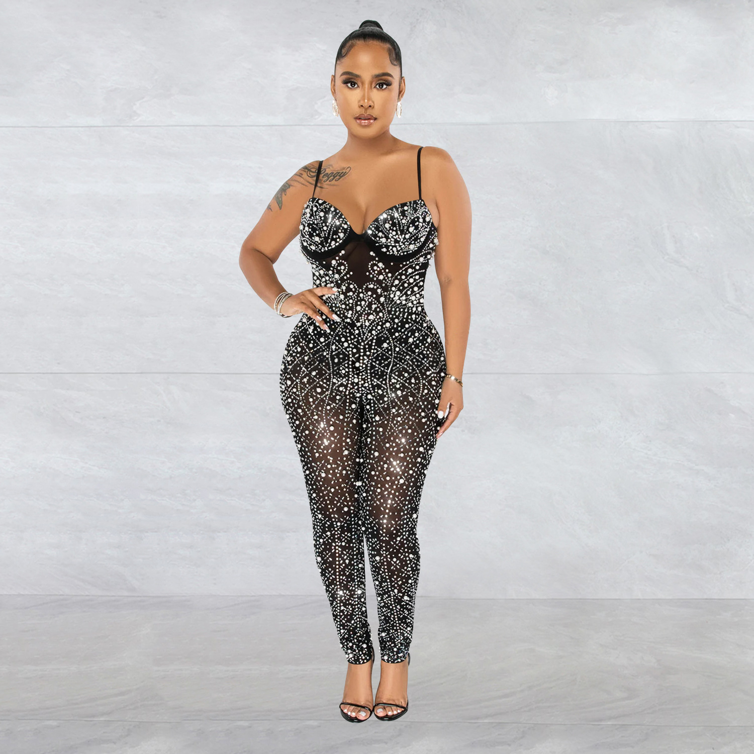 C6272 transfronterizo AliExpress Amazon ropa de mujer de moda de color sólido de malla de perforación pantalones sin mangas mono