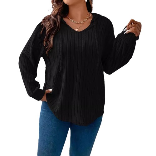 2025 Amazon Autumn/Winter New Pure Color Plus Size Women's Top V-Neck Hooded Long-Sleeve Ribbed Fleece T-Shirt Loose Fit
