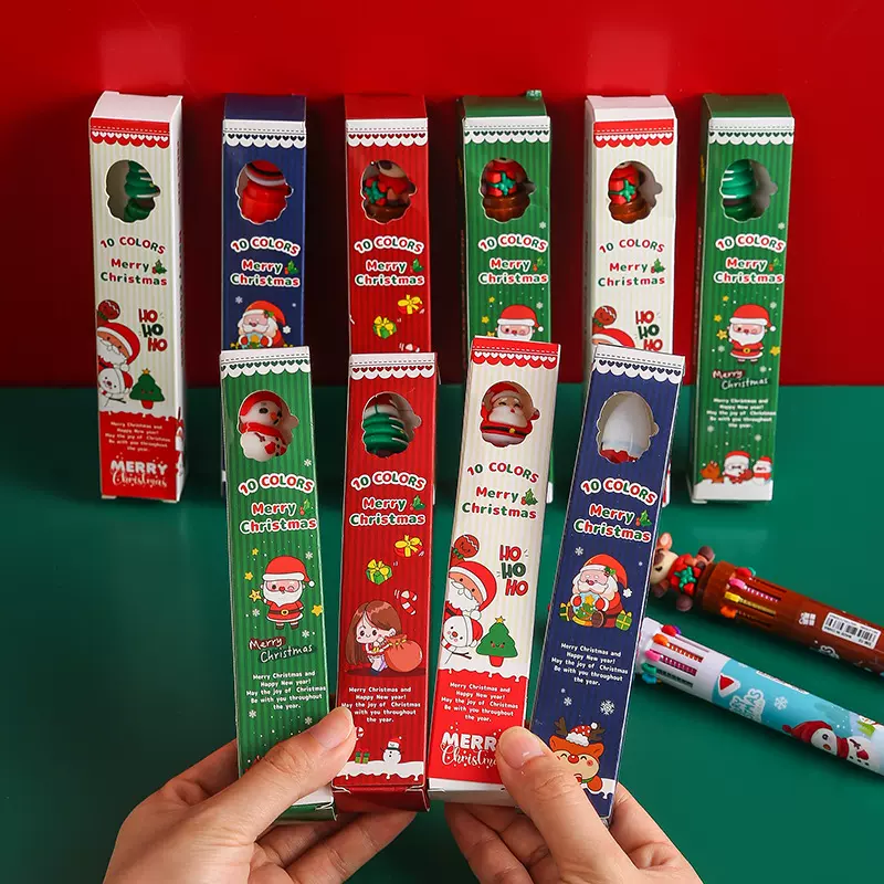 礼盒装圣诞十色圆珠笔可爱学生彩色手账按动笔圣诞节文具礼品批发