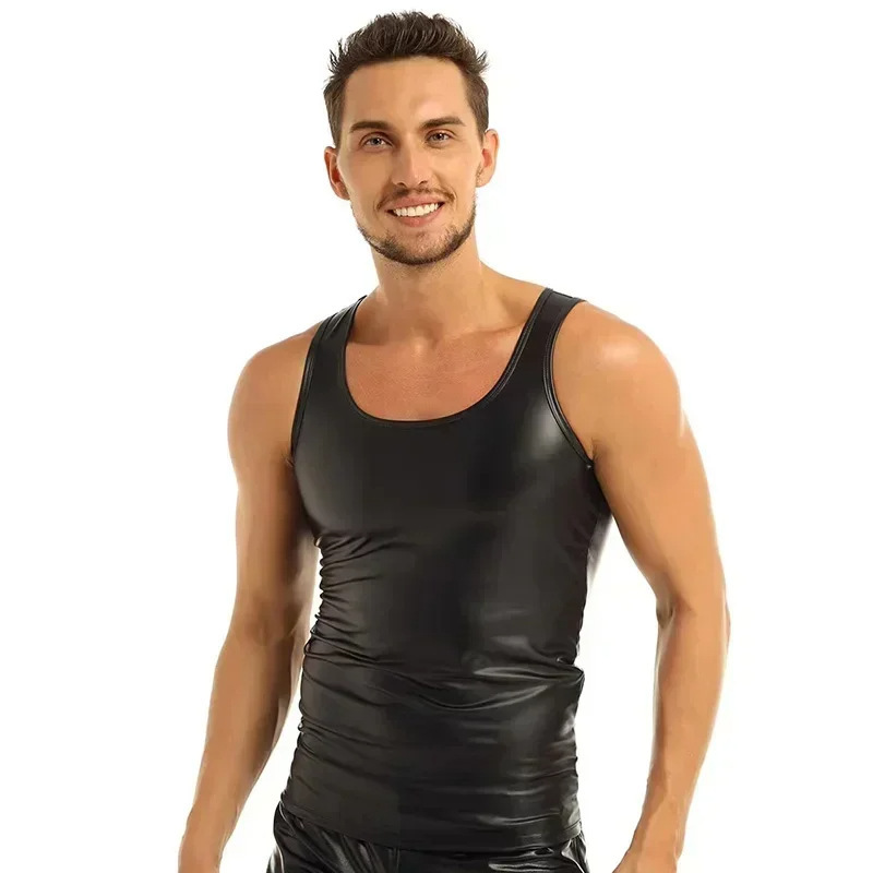 Cross-Border Foreign Trade Jumpsuit European and American Amazon Men's Clothing Elastic Pu Vest Matte Sports Tight-Fitting Top Men's Vest