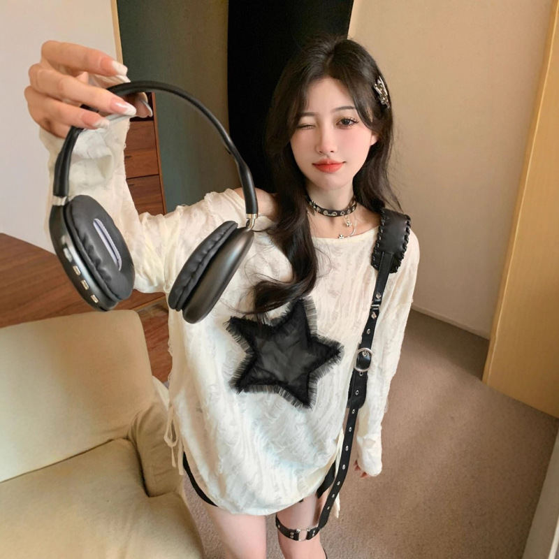 胖mm甜酷风星星镂空长袖上衣女秋季新款设计感小众宽松抽绳T恤潮|undefined