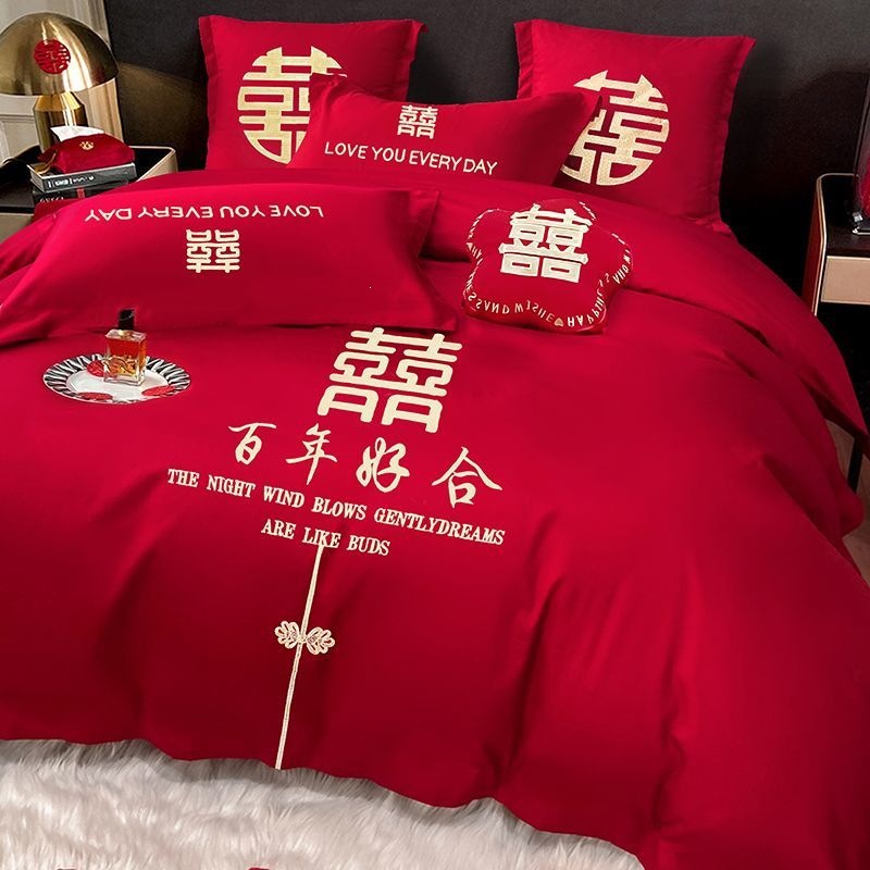 Cuatro piezas de boda china dragón-fénix bordado sábanas de boda rojas casa de boda colcha de cama image 14