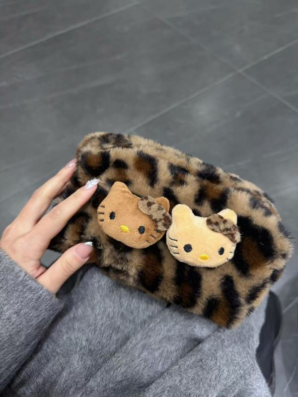 インスタ風ヒョウ柄キティぬいぐるみ化粧ポーチ、女性用トラベルハンドバッグ、洗面用具入れ、大容量収納バッグ、インスタトレンド商品|undefined