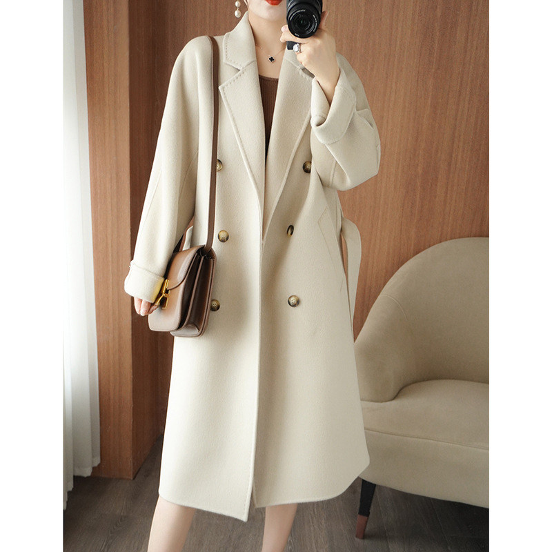 가을과 겨울 100% 양모 코트 여성용 긴 무릎 양면 양모 코트 벨트 느슨한 플러스 사이즈 캐시미어 코트