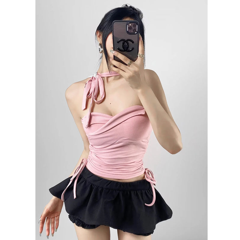 Sweet Hot Girl Strawberry Milk Powder Pure Desire Twist Tube Top Women's Sexy Strapless Backless Short Outerwear Top