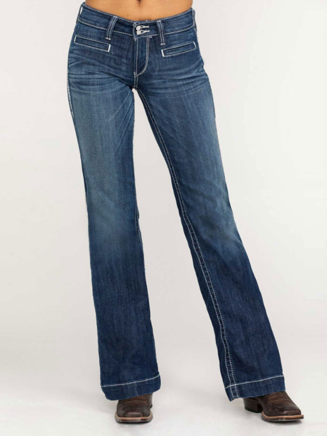 Jeans Rectos Bordados de Doble Cintura de Algodón y Spandex Elástico de Cintura Alta image 7