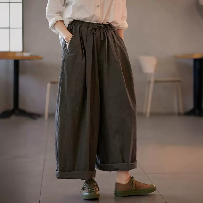 Summer Style Dark Gray Japanese Imported Fabric Sun-Dried Cotton and Linen Wide-Leg Pants 0261