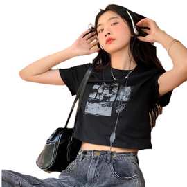 短袖体恤女装内搭打底衫设计感小众美式复古高腰短款上衣圆领ins