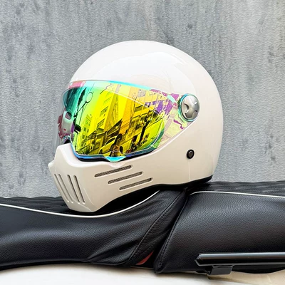Heavy Motorcycles, Ghost Skull Rider, with – Motosiklet kaskı (dəbilqə) - pearl-white-with-colorful-gold-and-purple-night-vision-available-transparent-mirror-included-m