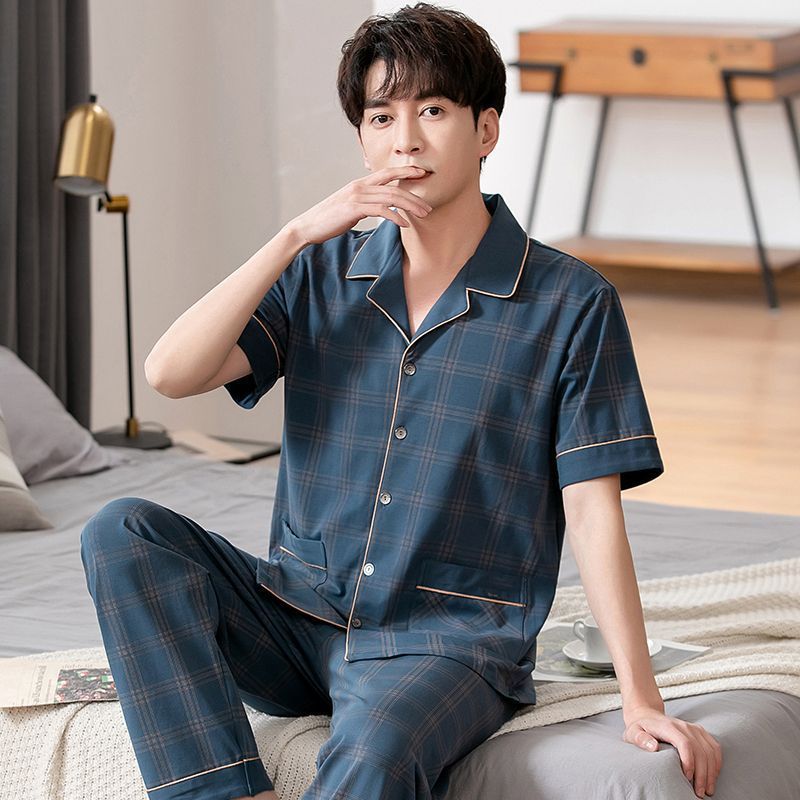 Pijamas de verano de algodón, pantalones de mangas cortas para hombres, ropa de hogar de verano más grande se puede usar fuera