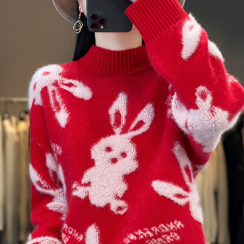 新年款红色兔子提花半高领羊毛衫女白色毛毛兔针织羊毛打底毛衣