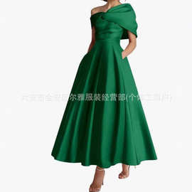 亚马逊欧美跨境晚礼服新款绿色气质优雅缎面一字肩纯色露背连衣裙