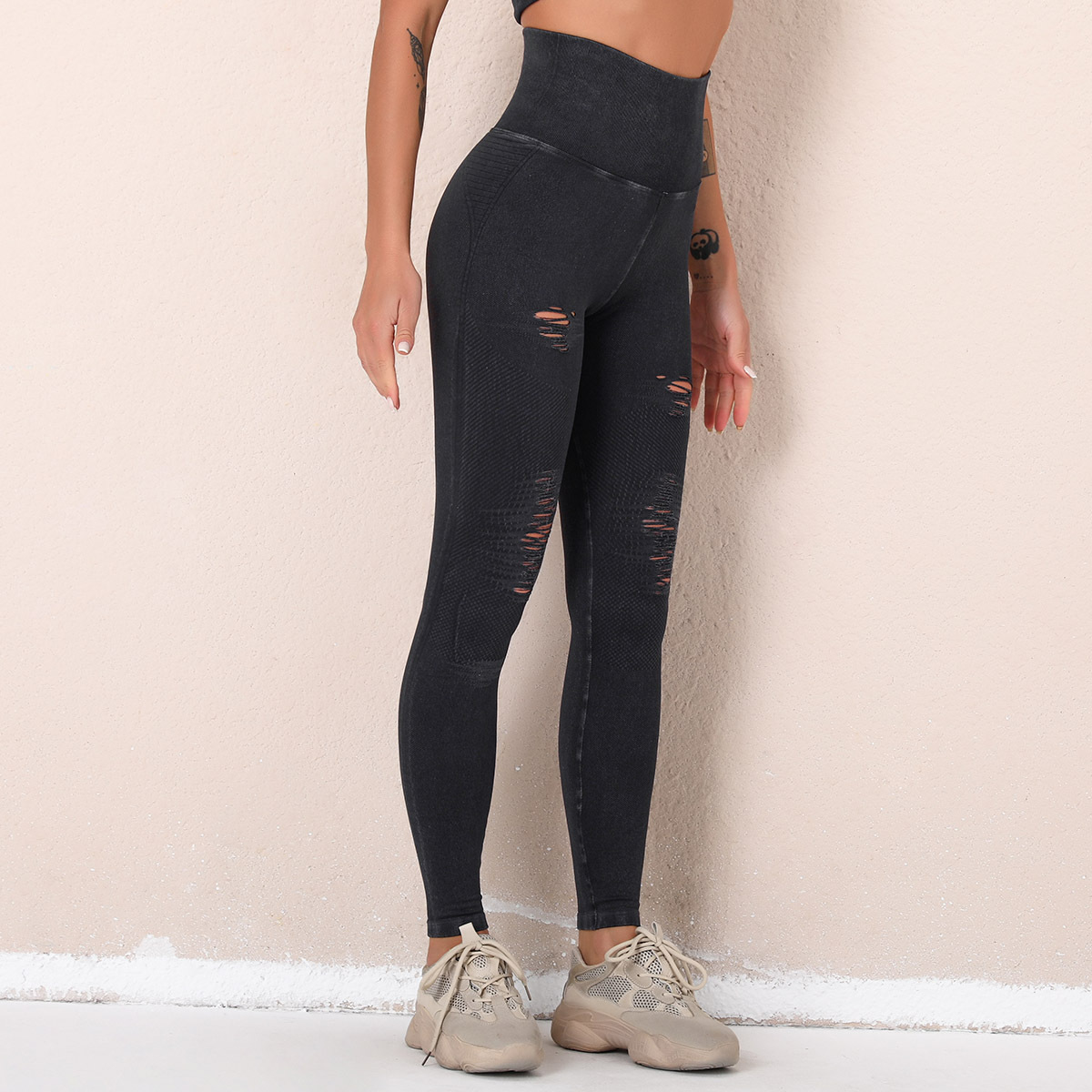Liquidación: Pantalones de yoga nuevos, transfronterizos, lavados, con agujeros, sin costuras, de cintura alta, deportivos, de nueve puntos, que realzan los glúteos, para mujer