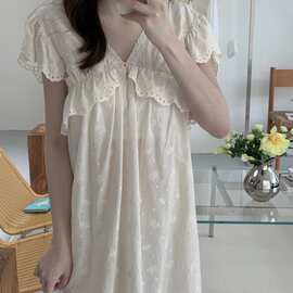 韩国ins女士夏季新品韩系重工刺绣家居服睡裙连衣裙睡衣批发外贸