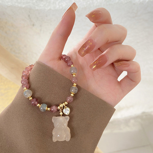Super Fairy Natural Strawberry Crystal Three-dimensional Bear Bracelet Gray Moonlight Cute Bear Paw Sweet Fresh Bracelet Girlfriend Jewelry