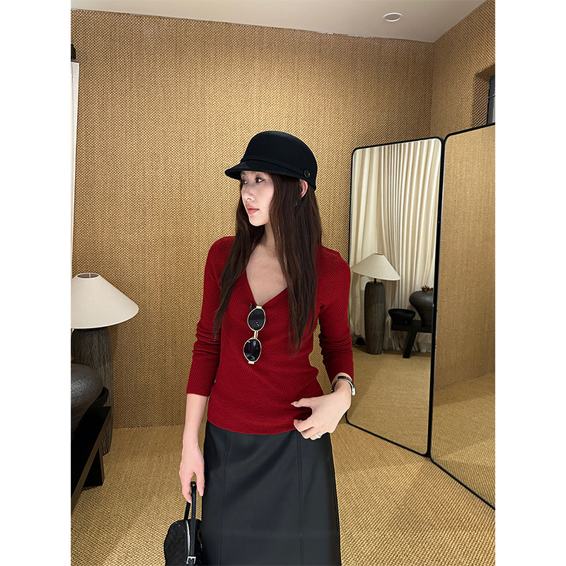 Wanwei French-Style Elegant Slim-Fit Knit Sweater for Women, 2026 Autumn New Herringbone Pattern U-Neck Long-Sleeve Top Y7098