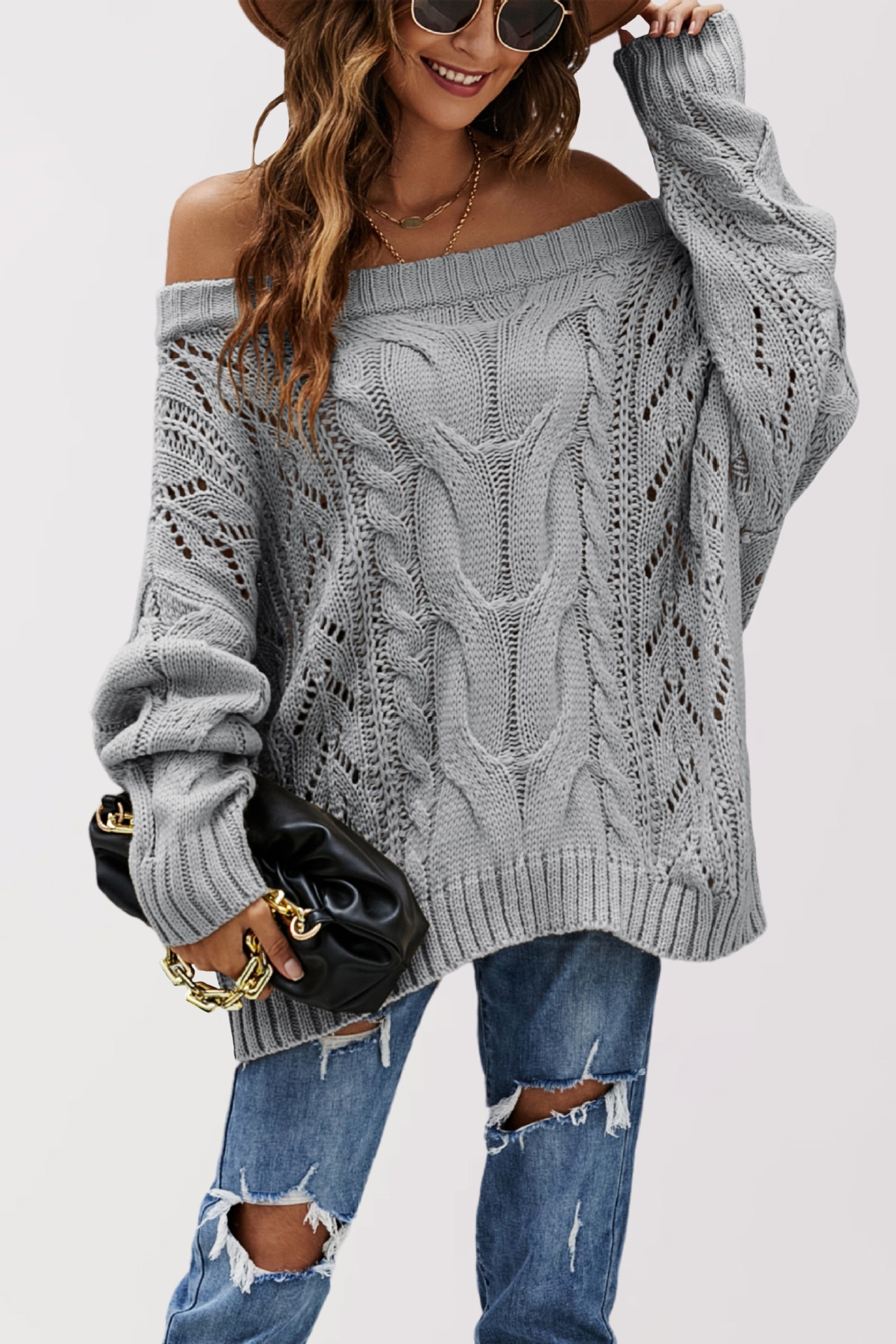 Suéter de punto holgado con hombros descubiertos de talla grande para mujer, estilo europeo y americano, otoño/invierno 2026, suéter tipo jersey de color liso con hombros descubiertos para mujer, ideal para Amazon.