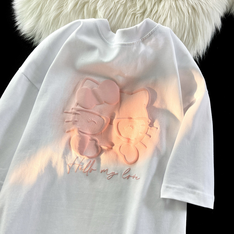 Japanese cute kitty cat printed short-sleeved T-shirt for women 2024 new summer loose design sense niche couple top