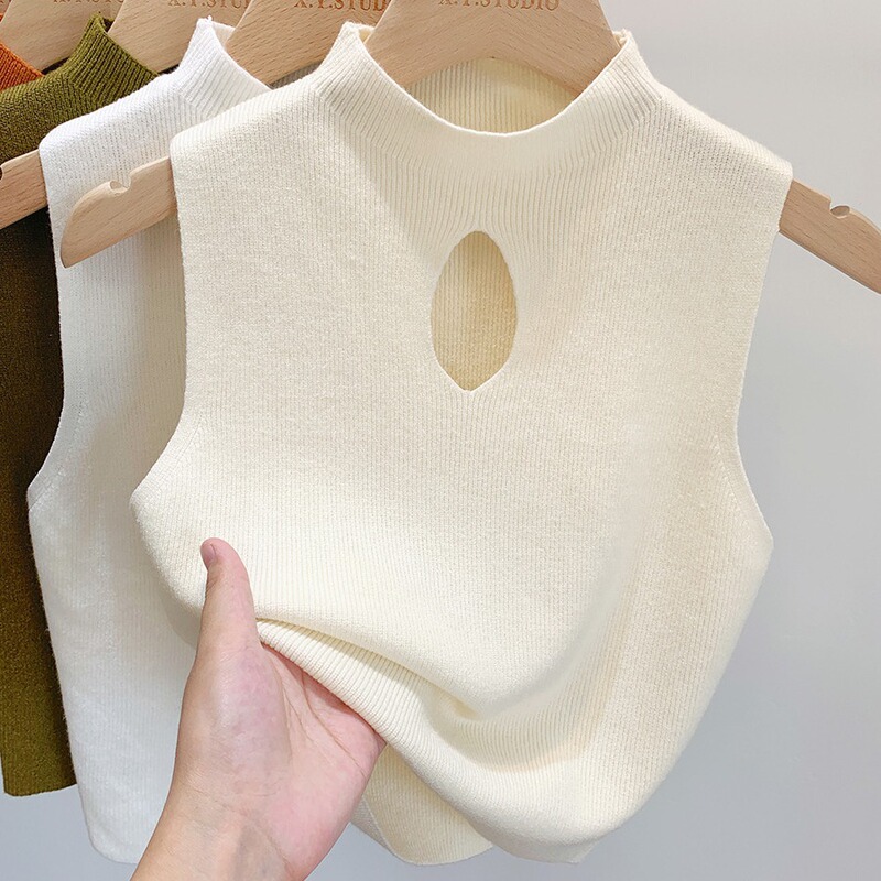 Spring and Summer Half-high Neck Knitted Camisole Women's Inner Base Shirt Hollow Early Autumn Outer Sweater Short Top Spring and Summer Half-high Neck Knitted Camisole Women's Inner Base Shirt Hollow Early Autumn Outer Sweater Short Top