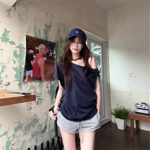 Lady's Casual Off-the-Shoulder Short Sleeve T-shirt 2025 Summer New Pure Color Design Sense Loose Shoulder Student Top