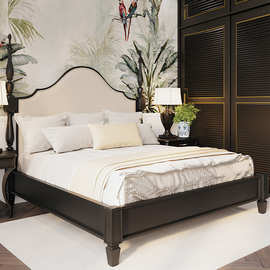 美式复古实木床双人床主卧大床柱子床法式中古风新中式真皮床1.8m