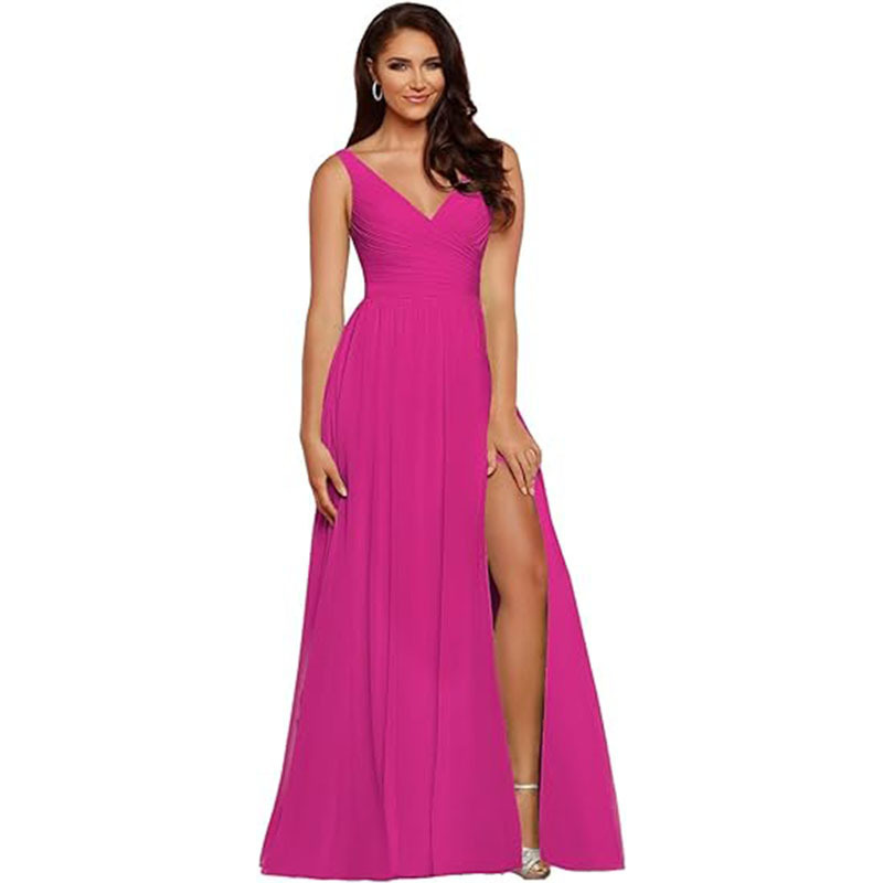 Cross-Border Evening Dress 2026 New Style V-Neck Bridesmaid Dress Long with Slit Chiffon A-Line Pleated Formal Dress Spring Season