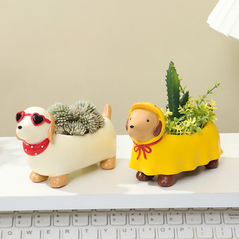 Chậu Cây Resin Chậu cây mọng nước hình chó Dachshund resin, chậu mini trang trí bàn, ban công sân vườn (RG-5)