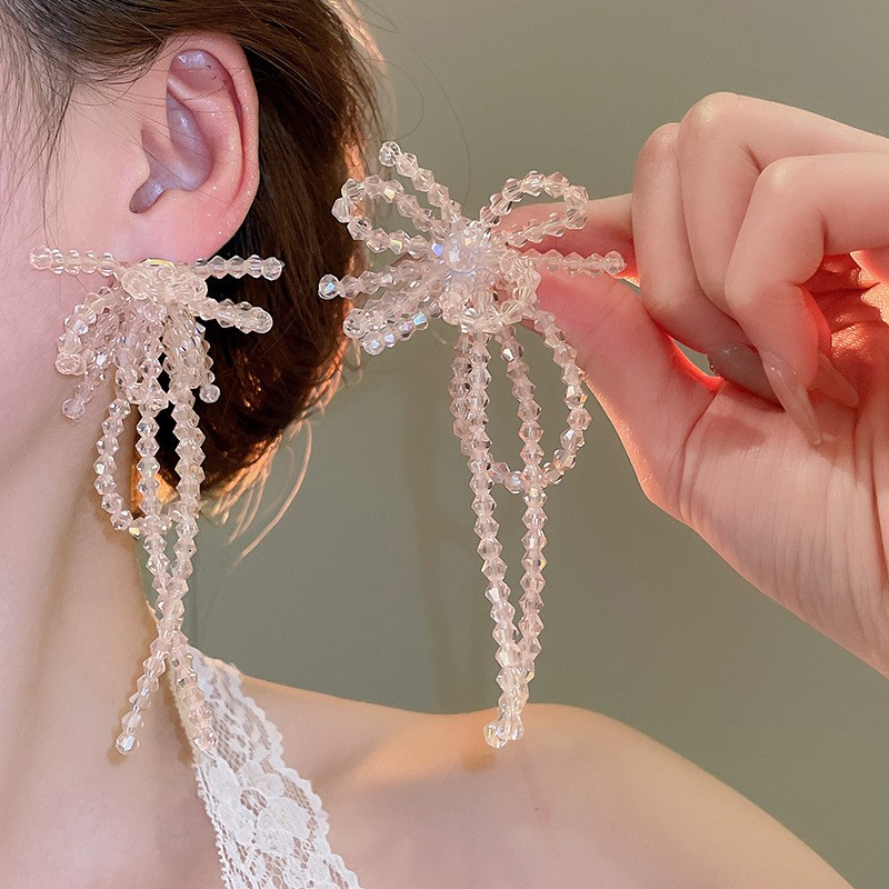 Pendientes de borla de cristal de hilo de malla de pétalo de aguja de plata Pendientes de estilo de vacaciones de playa dulce rosa Pendientes de moda de temperamento Mujer