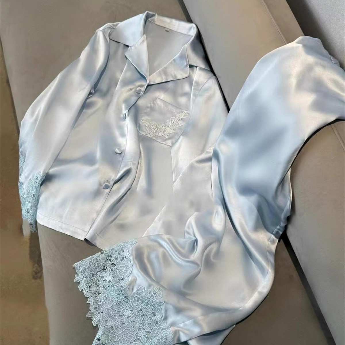 French Style High-End Lace Ice Silk Pajamas for Women Spring & Fall New Soft and Comfortable Large Size Home Wear Set