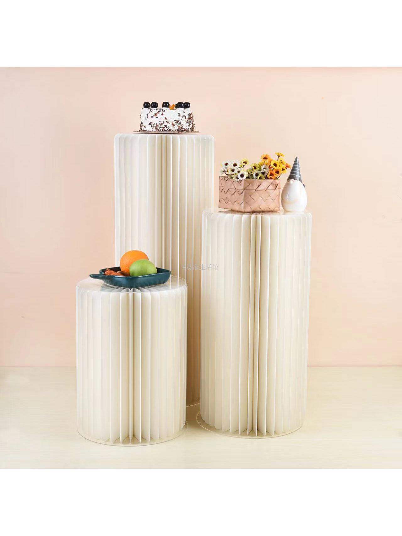 圆柱展台婚庆甜品中岛展示台风琴纸罗马柱陈列架折叠落地流水展柜