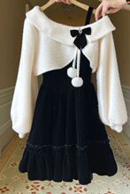 小香风高级感公主裙套装女秋冬蝴蝶结披肩毛呢罩衫黑色吊带连衣裙