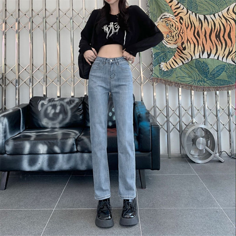 Light-Colored Straight-Leg Jeans for Women, New Autumn and Winter Style, Slimming Loose Cigarette Pants, High-Waisted, Trendy High Street Cropped Pants for Outerwear