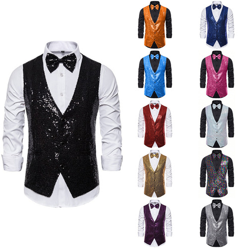 Men's stage performance suit with small sequins, vest, backless vest for photography studio, host, singer, emcee vest
