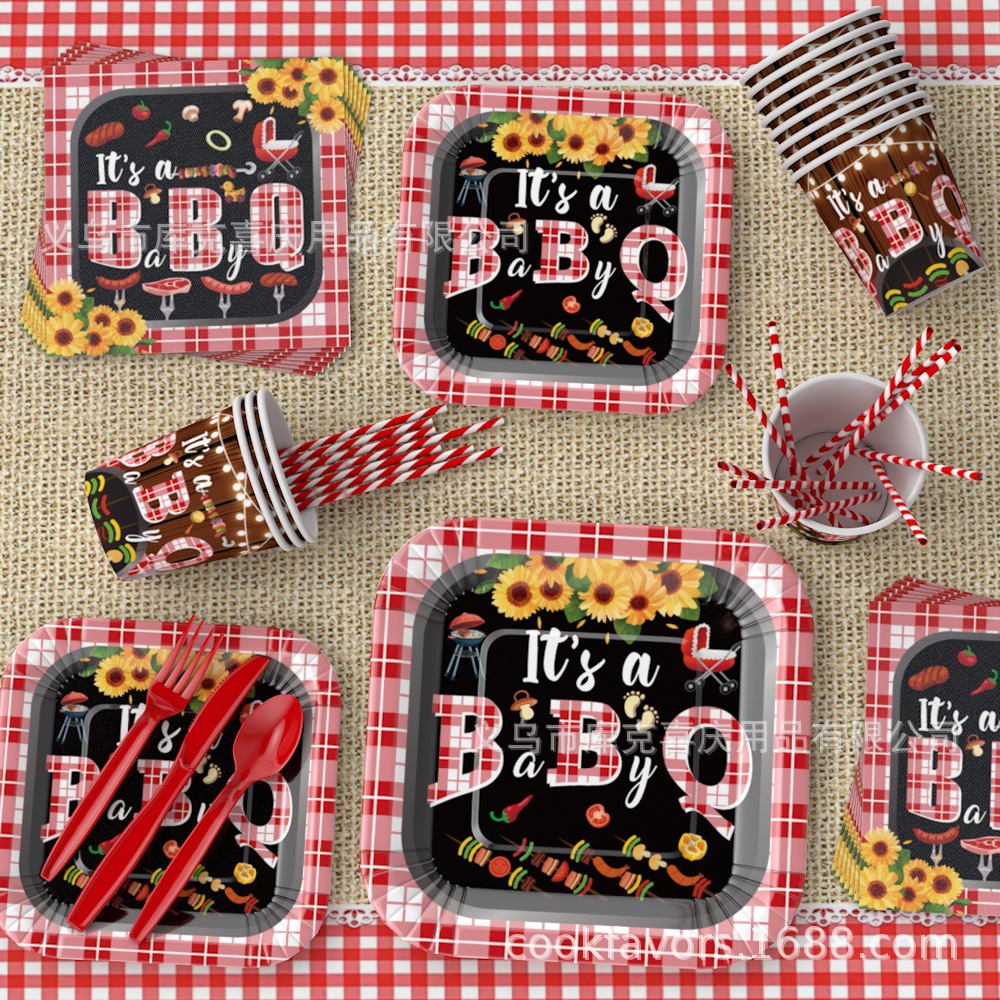 BBQY suministros de decoración de fiesta de bautismo de bebé ducha de bebé dirección desechable bandeja de papel taza de papel mantel juego de vajilla