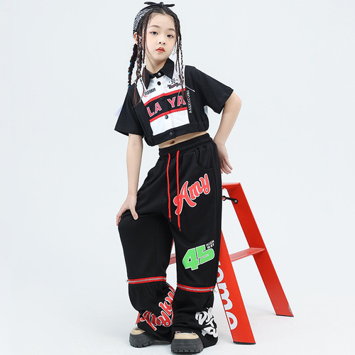 Jazz dance clothing for girls, motorcycle style short sleeve set training pants, trumpet pants for children, jazz performance fashion summer outfit