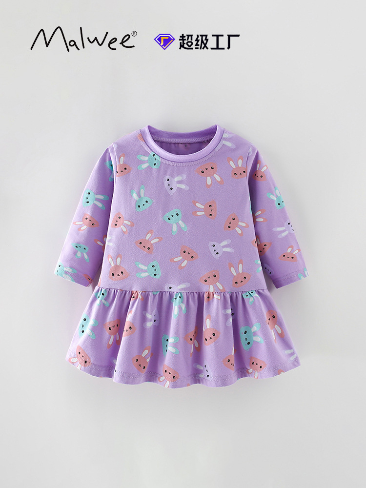 Malwee falda de niña otoño y invierno nueva camiseta de cuello redondo europea y americana linda falda de princesa vestido de niños de mangas largas